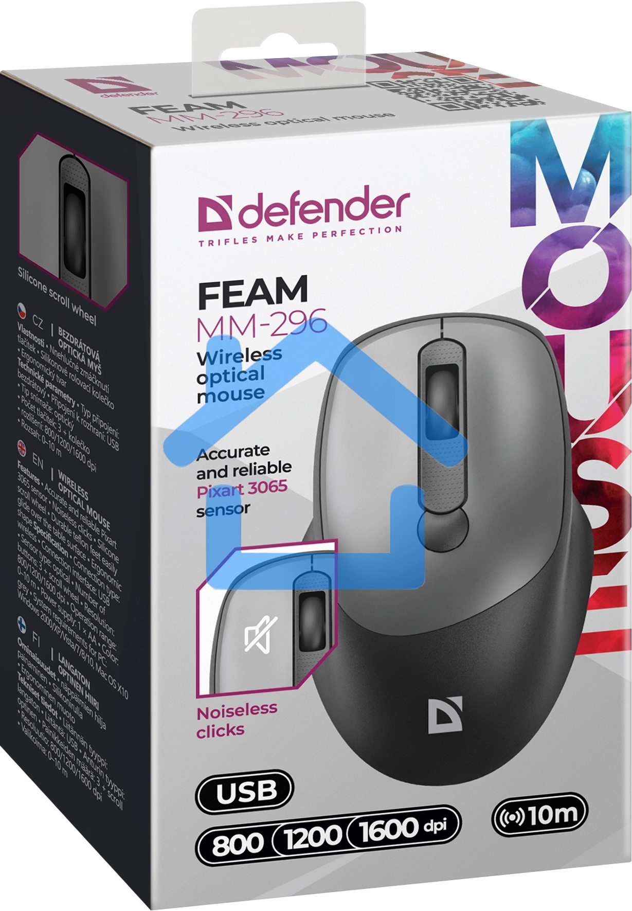 Мышь беспроводная Defender Feam MM-296 черный, 1600 dpi, радиоканал, USB, кнопки - 4