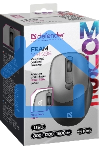 Мышь беспроводная Defender Feam MM-296 черный, 1600 dpi, радиоканал, USB, кнопки - 4