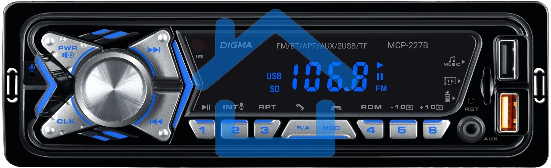Автомагнитола Digma MCP-227B 1DIN 2x45Вт v5.0 USB 2.0 AUX 2 ПДУ