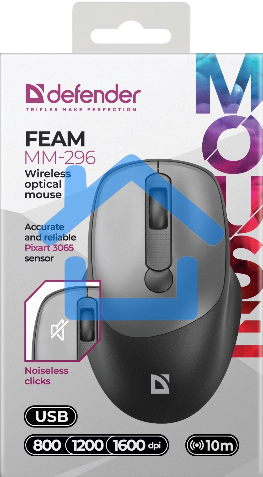 Мышь беспроводная Defender Feam MM-296 черный, 1600 dpi, радиоканал, USB, кнопки - 4