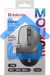 Мышь беспроводная Defender Feam MM-296 черный, 1600 dpi, радиоканал, USB, кнопки - 4