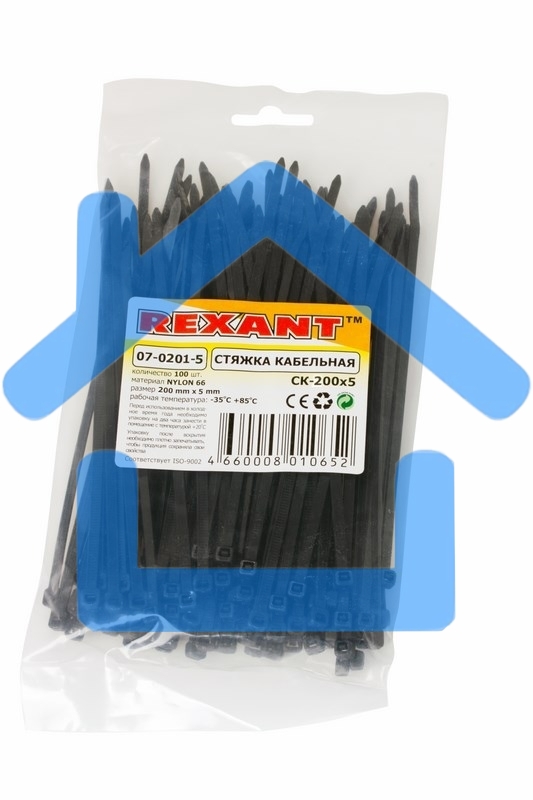 Хомут-стяжка кабельная нейлоновая Rexant 200 x4,8 мм, черная, упаковка 100 шт.