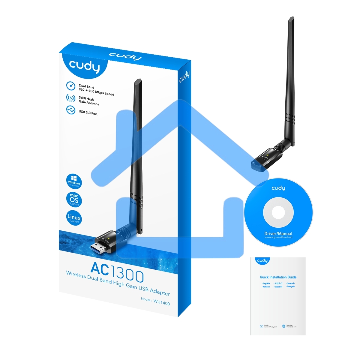 Сетевой адаптер Wi-Fi Cudy WU1400 AC1300 USB 3.0 (ант.внеш.несъем.) 1ант.