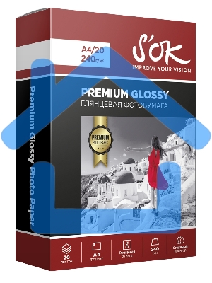 Фотобумага RC Glossy Premium; 240gsm; A4*20 Глянцевая Премиум; 240г/м2; формат А4; 20 листов RC