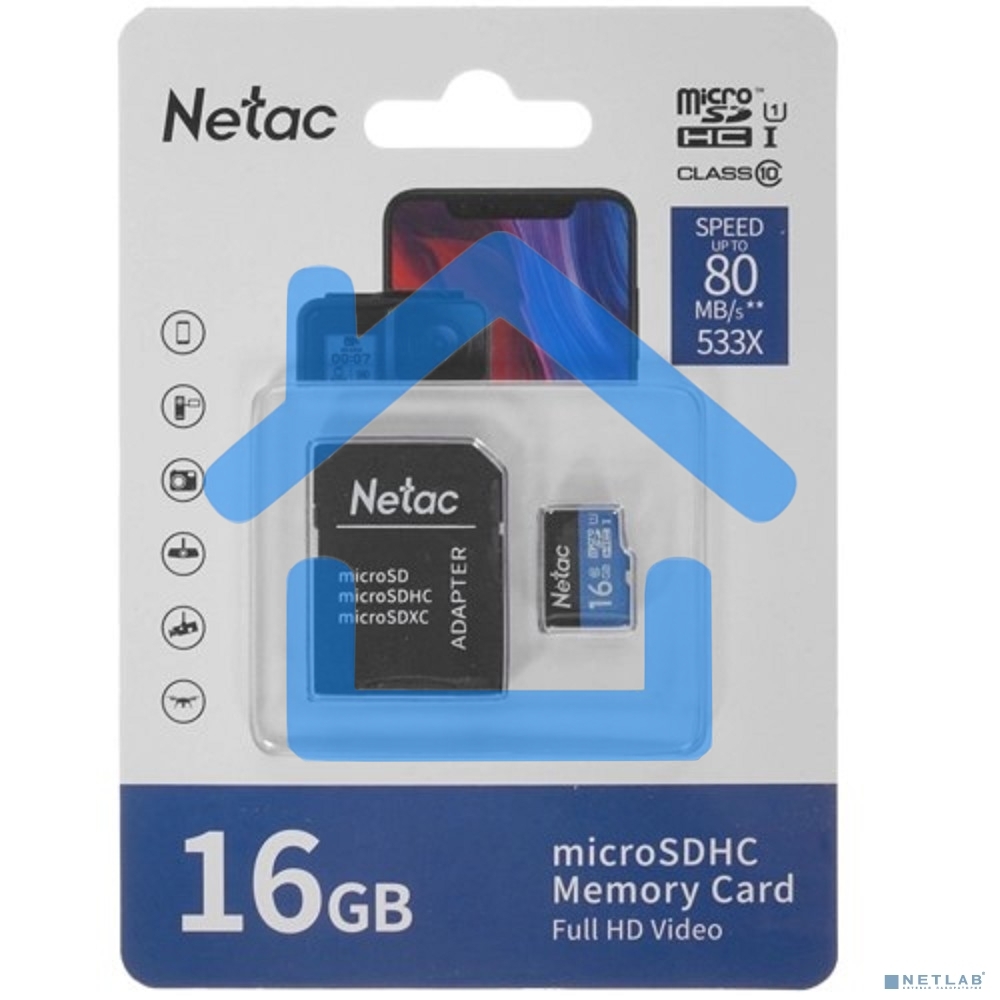 Флеш карта microSDHC 16Gb Netac P500 <NT02P500STN-016G-R> (с SD адаптером) 80MB/s