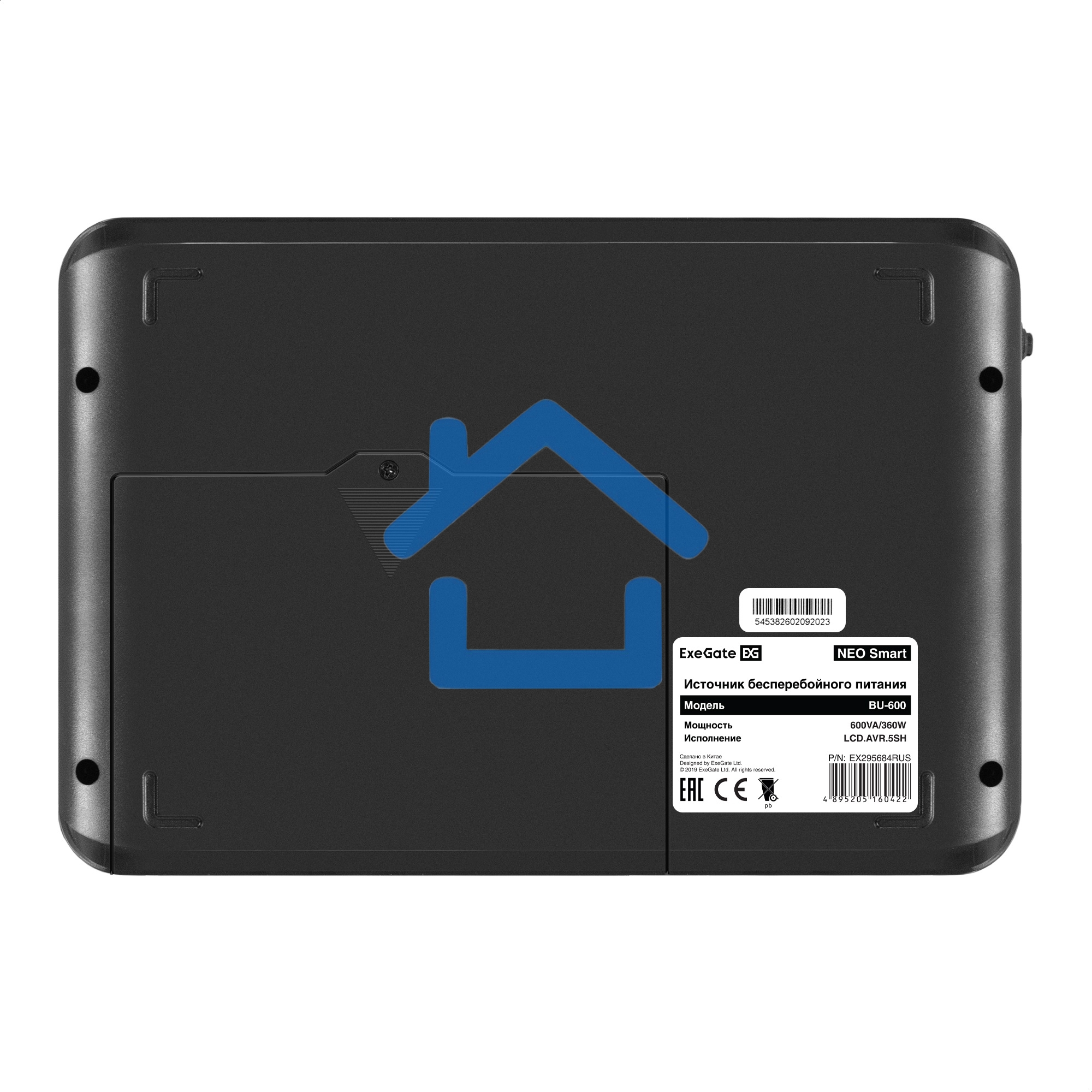 Источник бесперебойного питания ExeGate NEO Smart BU-600.LCD.AVR.5SH 600VA/360W, цветной LCD-дисплей, AVR, 5*Schuko, черный