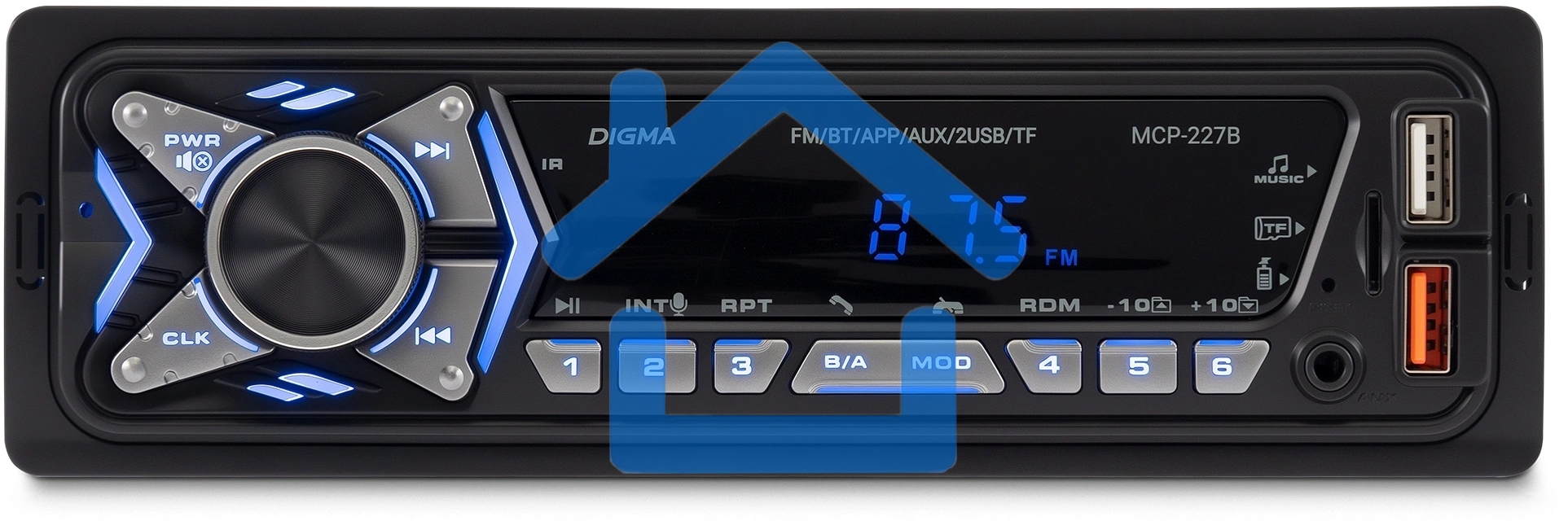 Автомагнитола Digma MCP-227B 1DIN 2x45Вт v5.0 USB 2.0 AUX 2 ПДУ