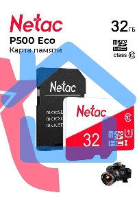 Флеш карта Netac P500 ECO 32Gb MicroSDHC C10 up to 80Mb/s, retail pack with SD Adapter