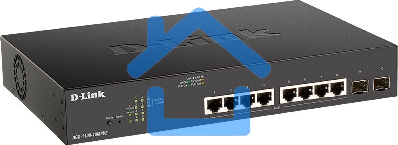 Настраиваемый L2 коммутатор D-Link DGS-1100-10MPV2/A3A с 8 портами 10/100/1000Base-T и 2 портами 1000Base-X SFP (8 портов PoE 802.3af/at, PoE-бюджет 130 Вт)