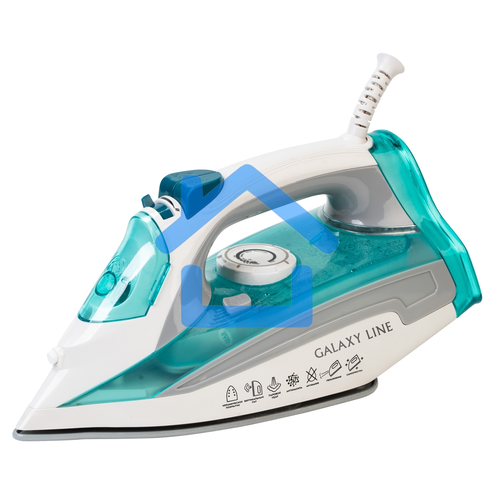 Утюг Galaxy Line GL 6127, бирюзовый, паровой, 2200 Вт, постоянный пар 50 г/мин, паровой удар 170 г/мин, функции: самоочистка, антикапля, антинакипь, функция увлажнения, вертикальное отпаривание, защита от перегрева, индикатор нагрева, керамическое покрыти