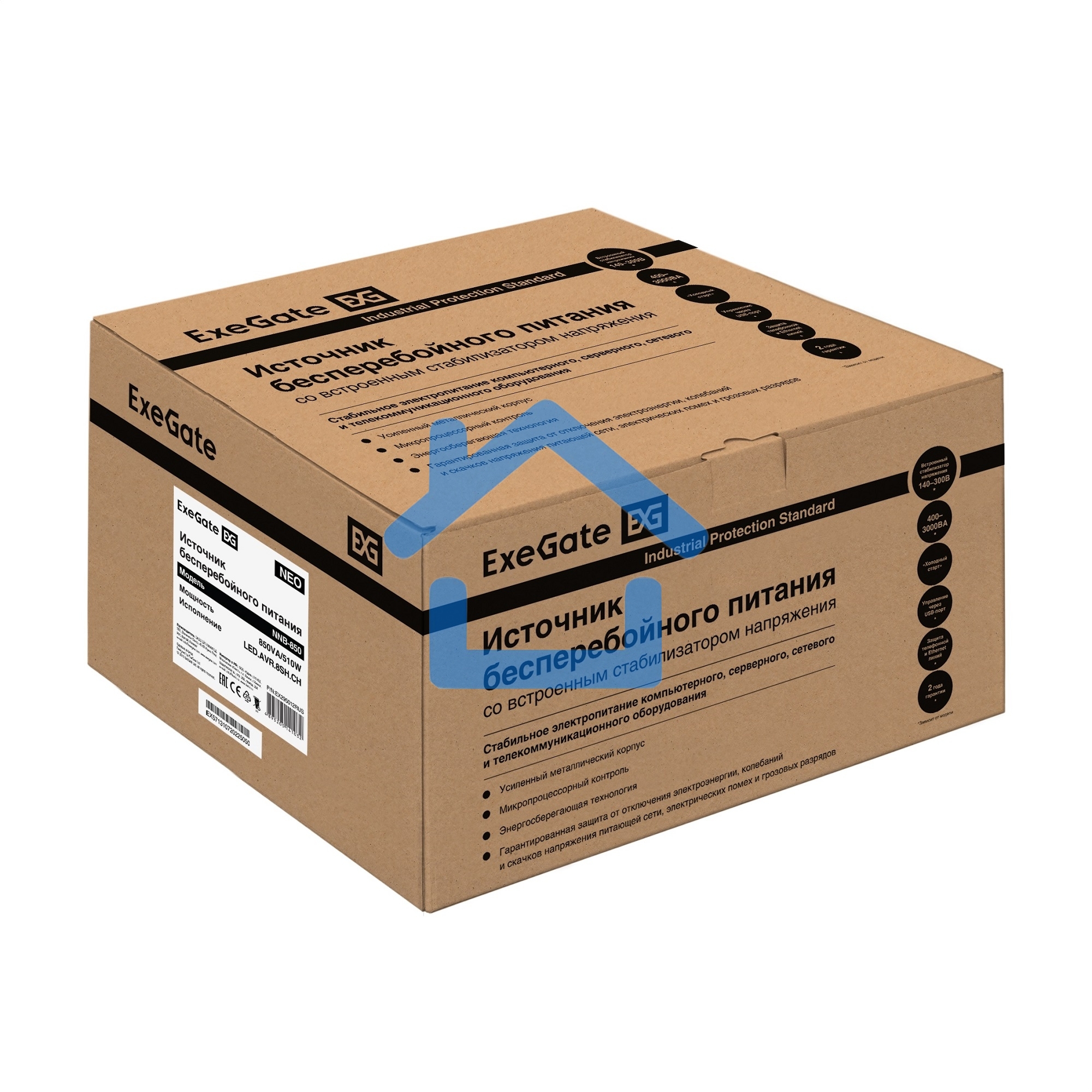 Источник бесперебойного питания ExeGate NEO NNB-850.LED.AVR.8SH.CH 850VA/510W, LED, AVR, 8*Schuko, 4*USB-порта для зарядки, черный