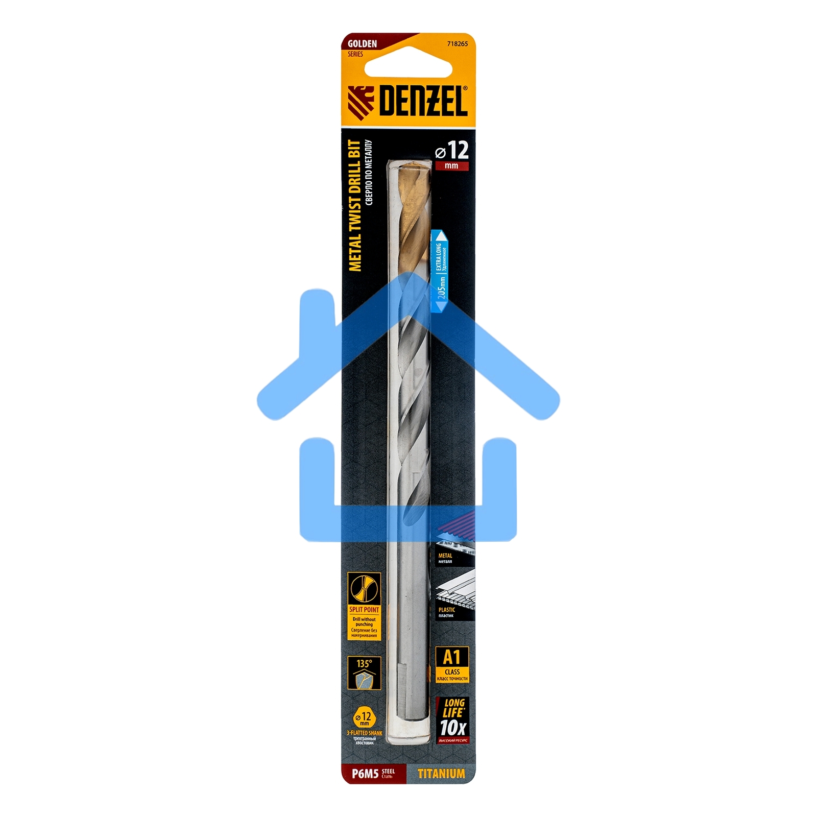 Сверло спиральное по металлу 12 x 205 мм, Р6М5, Golden Tip, удлиненное Denzel