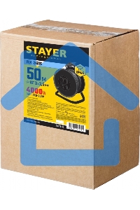 Удлинитель силовой Stayer 55076-50 3x2.5кв.мм 4розет. 50м КГ катушка черный