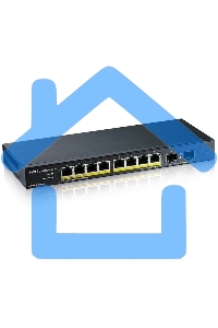 Коммутатор PoE+ Zyxel GS1100-10HP, 8xGE PoE+, 2xSFP, настольный, бесшумный, бюджет PoE 130 Вт