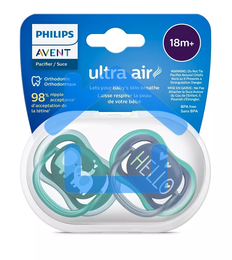 Пустышка Philips Avent ultra air, слоники/HELLO, 18+ мес., 2 шт.
