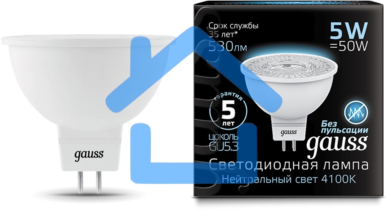 Лампа светодиодная Gauss черный 5Вт цок.:GU5.3 рефлектор 220B 4100K св.свеч.белый ней. MR16 (упак.:10шт)