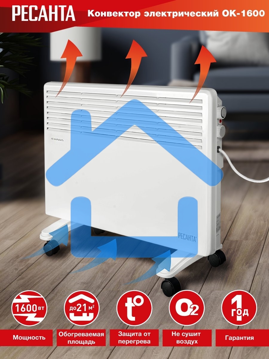 Конвектор Ресанта ОК-1600 белый, 1600 Вт, 20 м2, термостат
