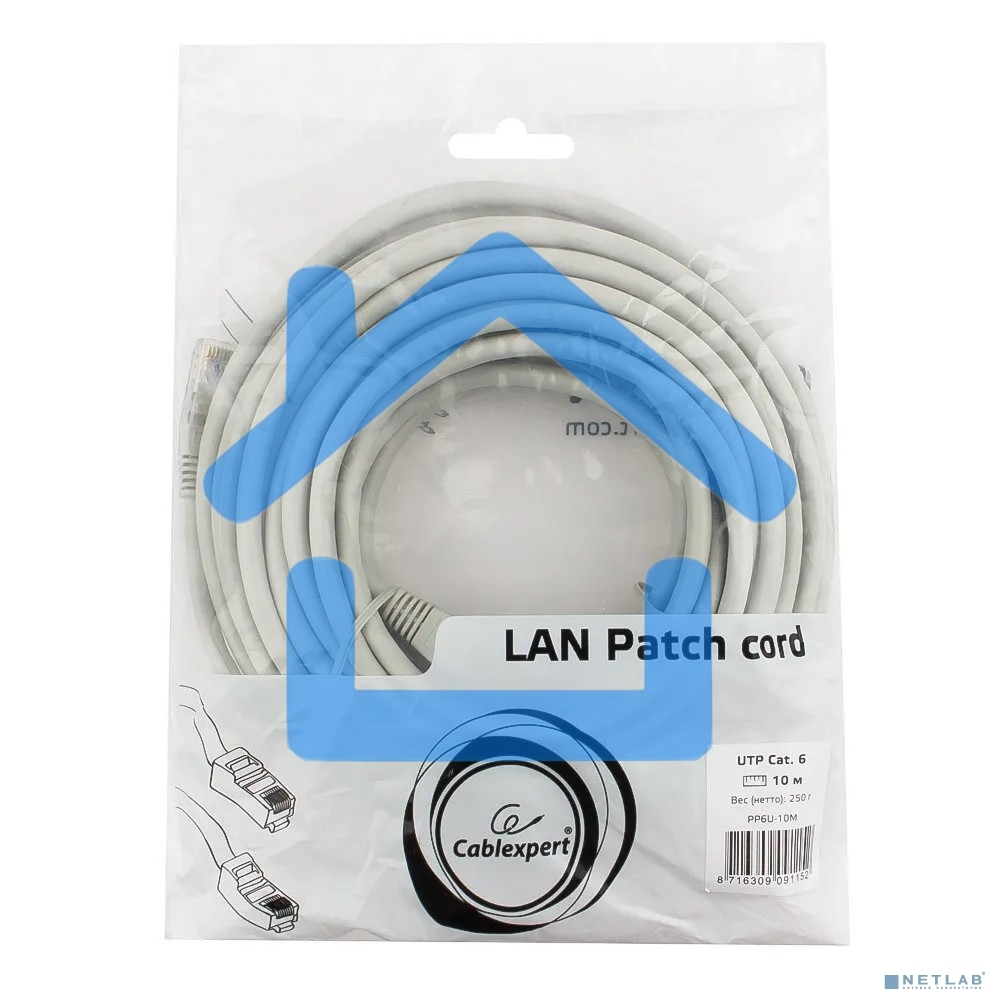 Патч-корд UTP Cablexpert PP6U-10M кат.6, 10м, литой, многожильный, серый