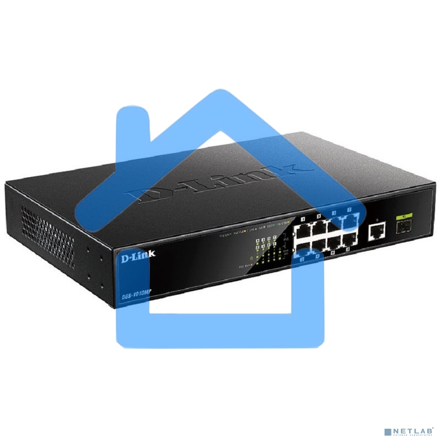 Коммутатор D-Link DGS-1010MP/A1A, L2 Unmanaged Switch with 9 10/100/1000Base-T portsand 1 1000Base-X SFPports(8 PoE ports 802.3af/802.3at (30 W), PoE Budget 125 W)