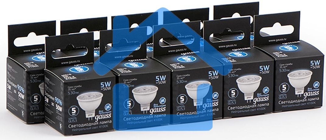 Лампа светодиодная Gauss черный 5Вт цок.:GU5.3 рефлектор 220B 4100K св.свеч.белый ней. MR16 (упак.:10шт)