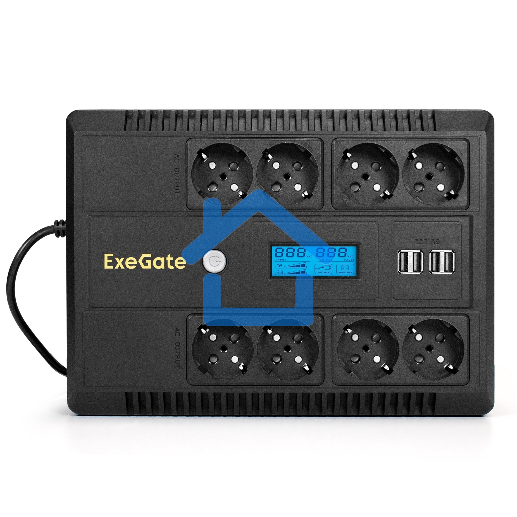 Источник бесперебойного питания ExeGate NEO Smart LHB-850.LCD.AVR.8SH.CH.RJ.USB 850VA/510W, LCD, AVR, 8*Schuko, RJ45/11, USB, 4*USB-порта для зарядки, черный