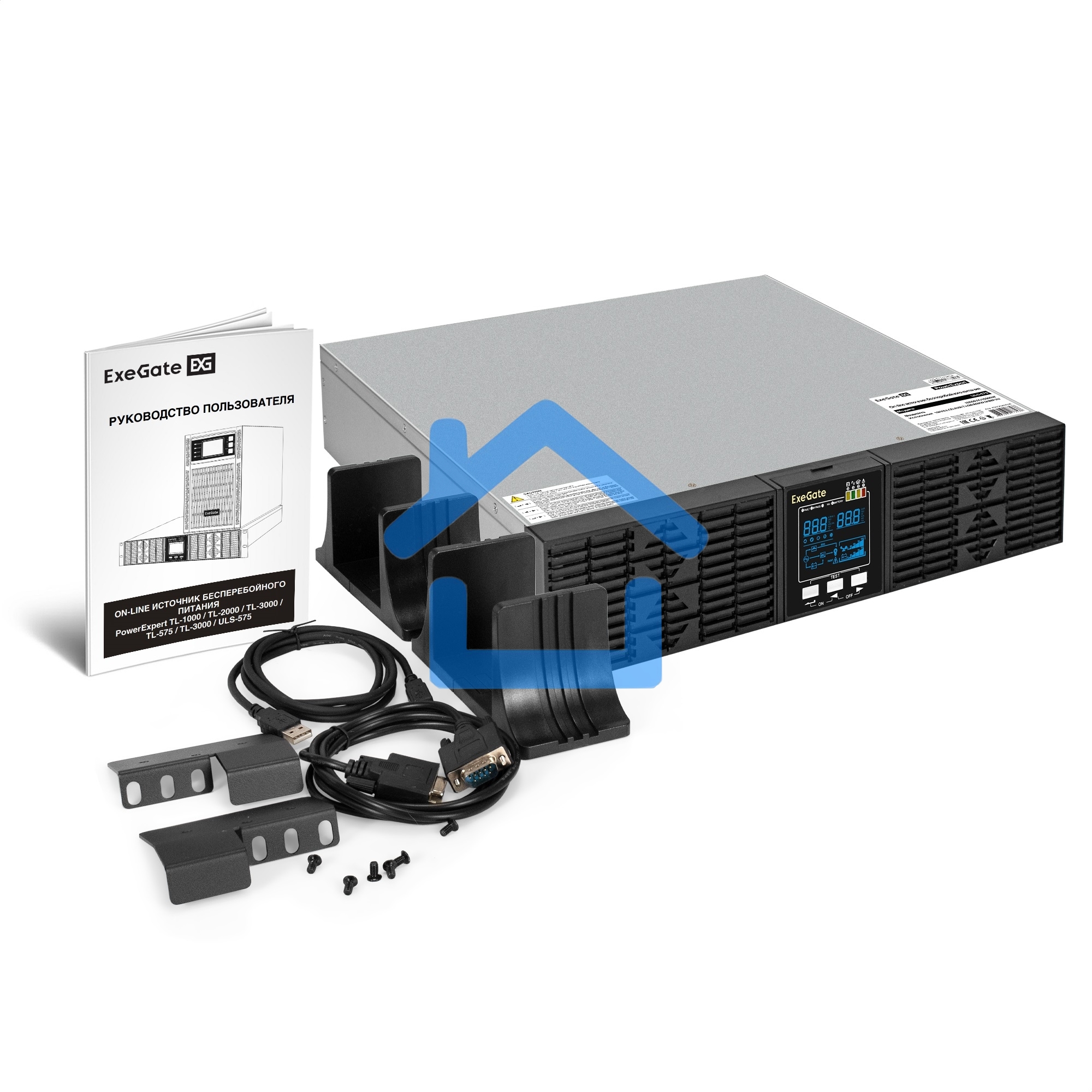 Источник бесперебойного питания On-line ExeGate PowerExpert ULS-575-6kVA.LCD.AVR.T.USB.RS232.SNMP.2U 6000VA/6000W, On-Line, PF=1, LCD, клеммы, RS232, USB, SNMP-slot, EPO, батареи внешние 192В/240В суммарной емкостью до 400Ah, Rackmount 2U/Tower, металличе