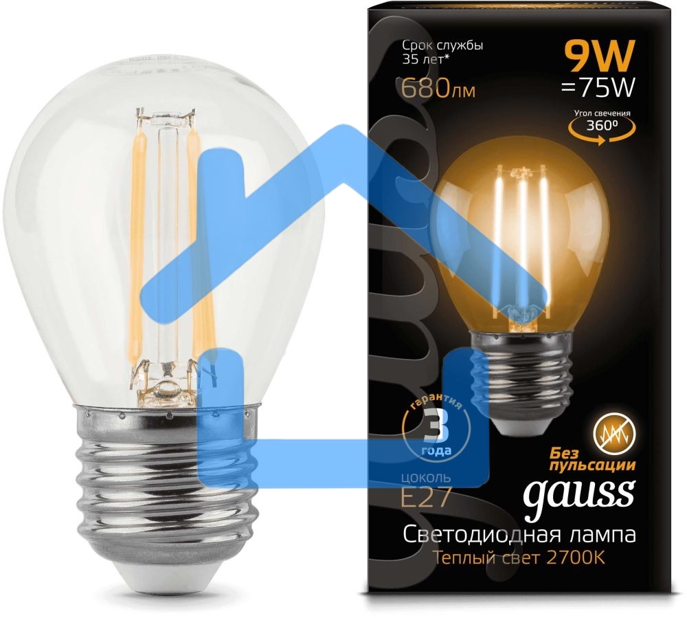 Лампа светодиодная Filament Шар E27 9Вт 2700К GAUSS 105802109