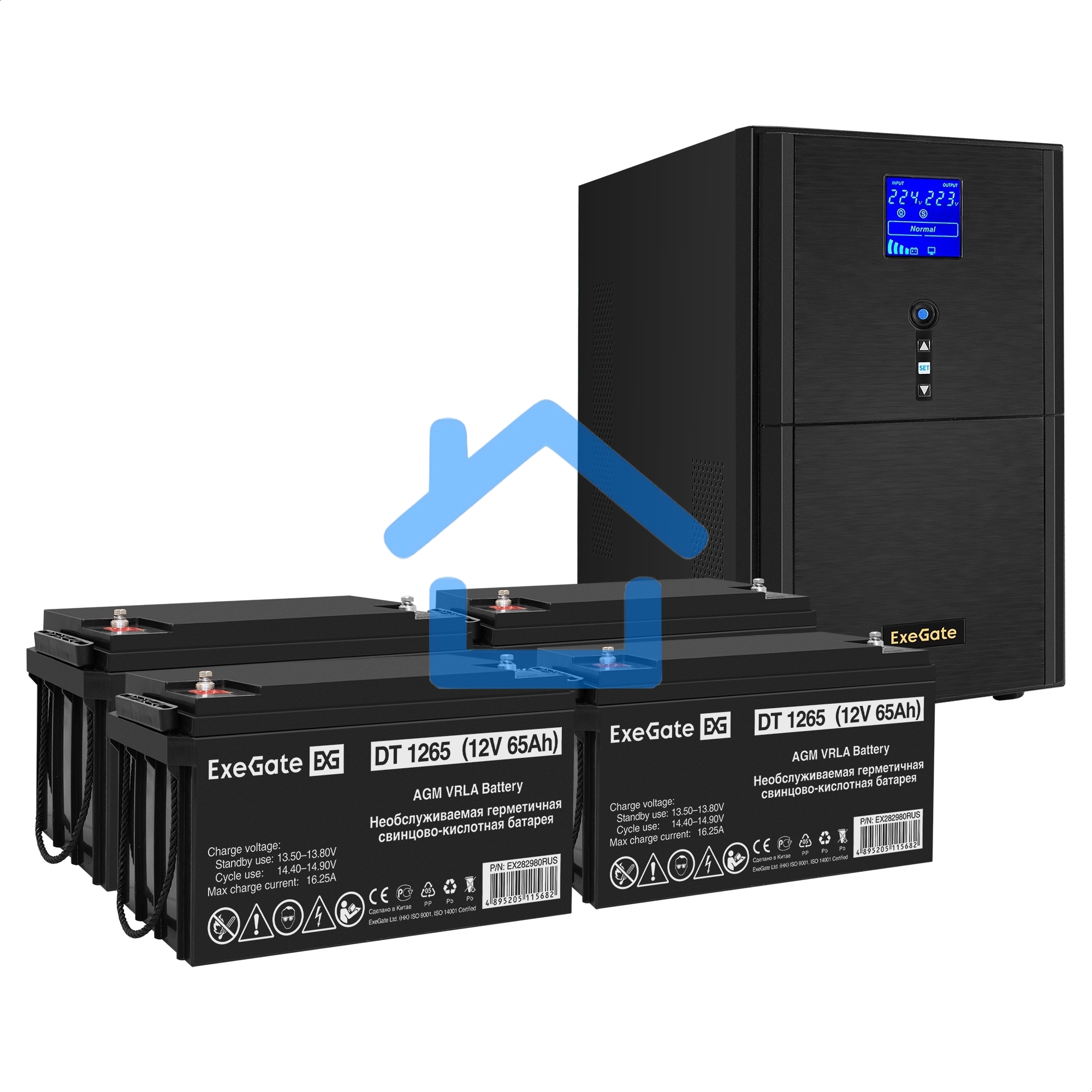 Комплект ИБП EX295990RUS + батарея 65Aч EX282980RUS 4шт (инвертор, синус, для котла) ExeGate SineTower SZ-3000.LCD.AVR.3SH.1C13.RJ.USB <3000VA/2400W, чистый синусоида, LCD дисплей, AVR, 3*Schuko+1*C13, RJ45/11, USB, линейно-интерактивный, черный> + батаре