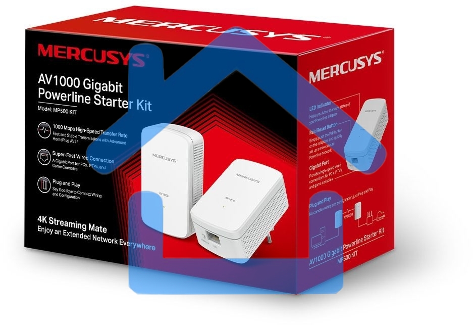 Комплект гигабитных адаптеров Mercusys AV1000 Gigabit Powerline Kit, HomePlug AV2 standard, 1 Gigabit port, 300m over electrical circuits, plug and play.