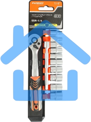Набор торцовых головок PATRIOT SSR-1/4, CrV сталь, трещотка, удлинитель, 12 предм.Тороцовые головки 10 шт: 4,5,6,7,8,9,10,11,12,13 мм удлинитель 100мм 1шт трещотка 72 зуба 1 шт