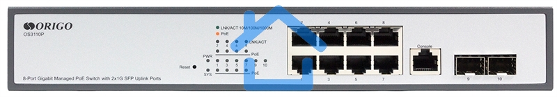Коммутатор Managed L2 Switch 8x1000Base-T PoE, 2x1000Base-X SFP, PoE Budget 135W, RJ45 Console, 19