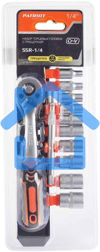 Набор торцовых головок PATRIOT SSR-1/4, CrV сталь, трещотка, удлинитель, 12 предм.Тороцовые головки 10 шт: 4,5,6,7,8,9,10,11,12,13 мм удлинитель 100мм 1шт трещотка 72 зуба 1 шт