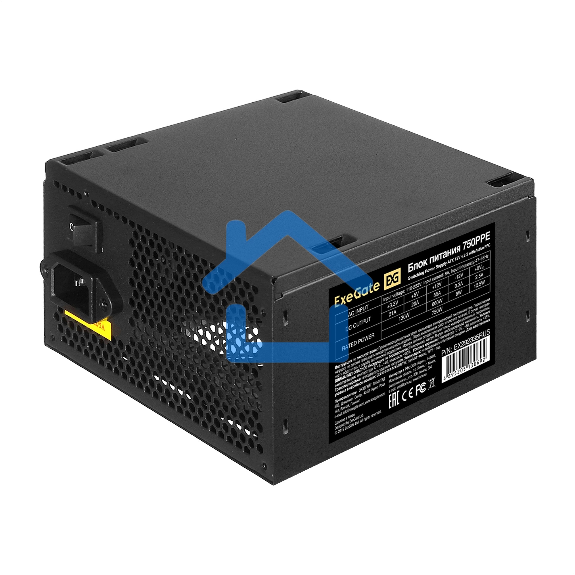 Блок питания ExeGate 750PPE, 750W, (ATX, APFC, PC, КПД 80% (80 PLUS), 12cm fan, 24pin, 2x(4+4)pin, 4xPCI-E, 6xSATA, 3xIDE, черный, кабель 220V в комплекте 1,8м)