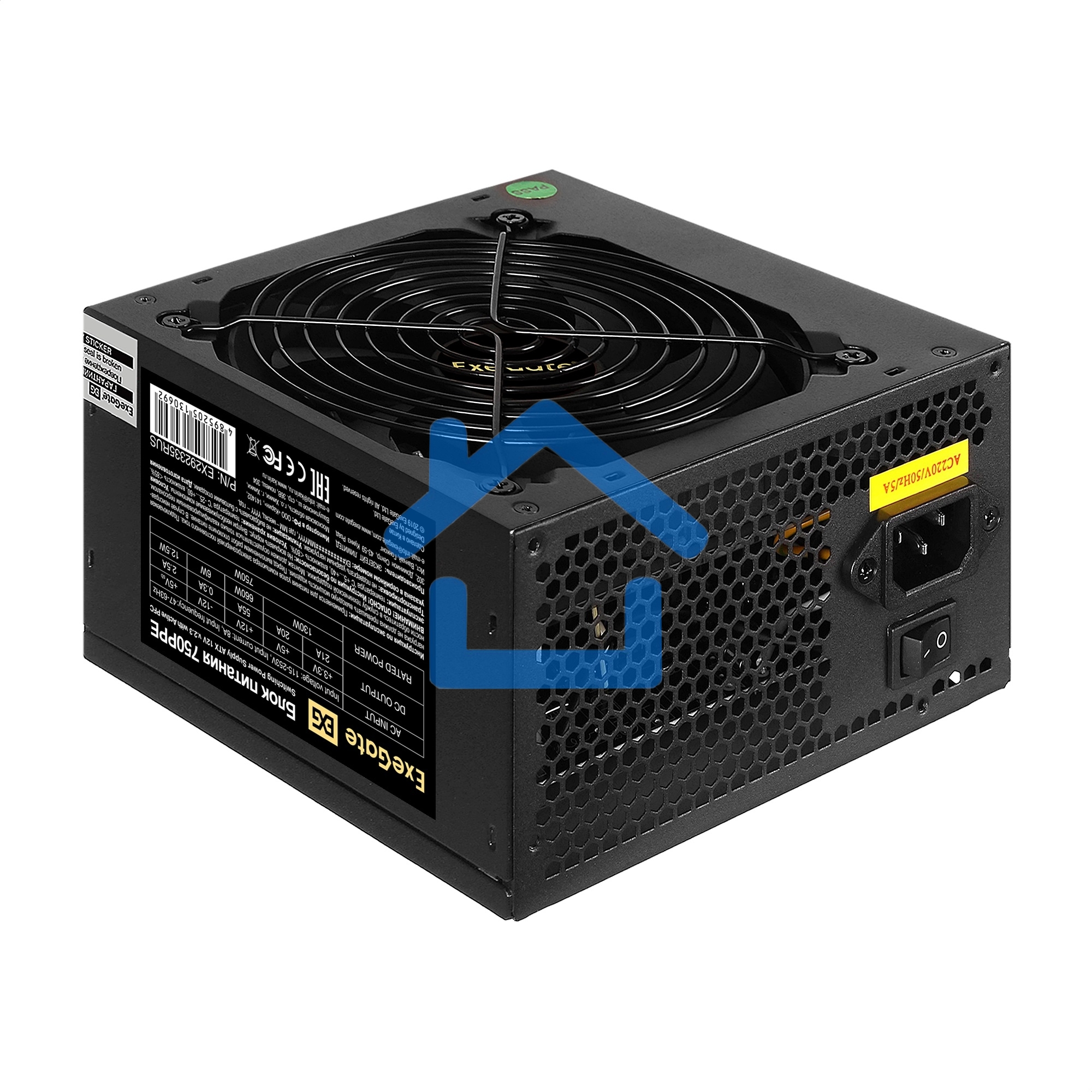 Блок питания ExeGate 750PPE, 750W, (ATX, APFC, PC, КПД 80% (80 PLUS), 12cm fan, 24pin, 2x(4+4)pin, 4xPCI-E, 6xSATA, 3xIDE, черный, кабель 220V в комплекте 1,8м)