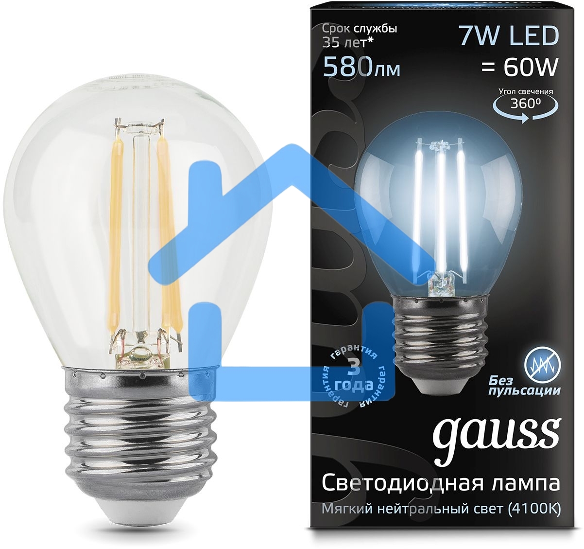 Лампа филам. Gauss 7Вт цок.:E27 шар 220B 4100K св.свеч.бел.нейт. G45 (упак.:10шт) (105802207)