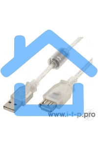 Кабель-удлинитель USB2.0 Pro Cablexpert CCF-USB2-AMAF-TR-15, AM/AF, 4,5м, экран, 2феррит.кольца, прозрачный, пакет