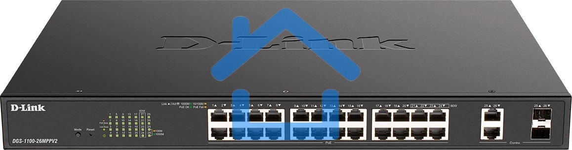 Настраиваемый L2 коммутатор D-Link DGS-1100-26MPPV2/A3A с 24 портами 10/100/1000Base-T и 2 комбо-портами 1000Base-T/SFP (порты 1-24 PoE 802.3af/at, порты 21-24 PoE 802.3bt, PoE-бюджет 525 Вт)