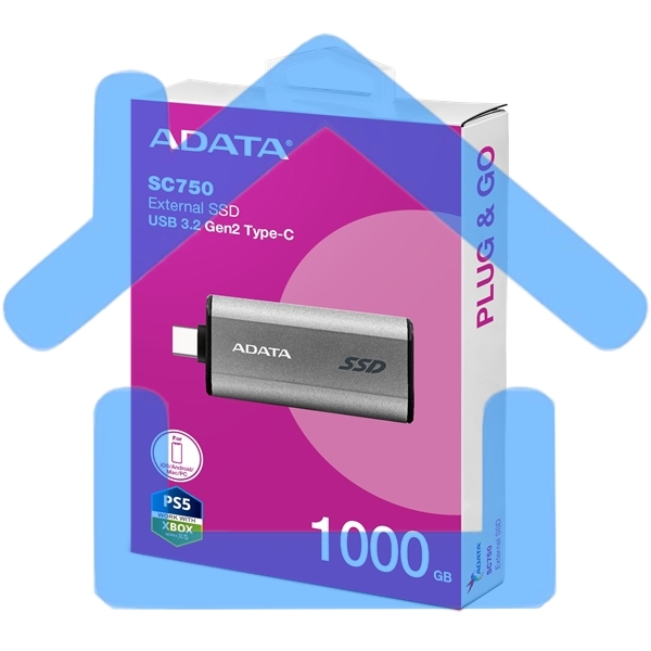 Твердотельный диск A-DATA External SC750 серый SC750-1000G-CCBK 1Tb USB 3.2 Gen 2 Type-C, R/W -1050/1000 MB/s