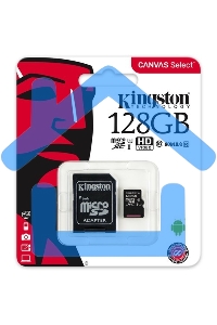 Флеш карта microSDHC 128Gb microSDXC Kingston <SDCS2/128Gb> Class10 UHS-I Canvas Select up to 100Mb/s с адапт.