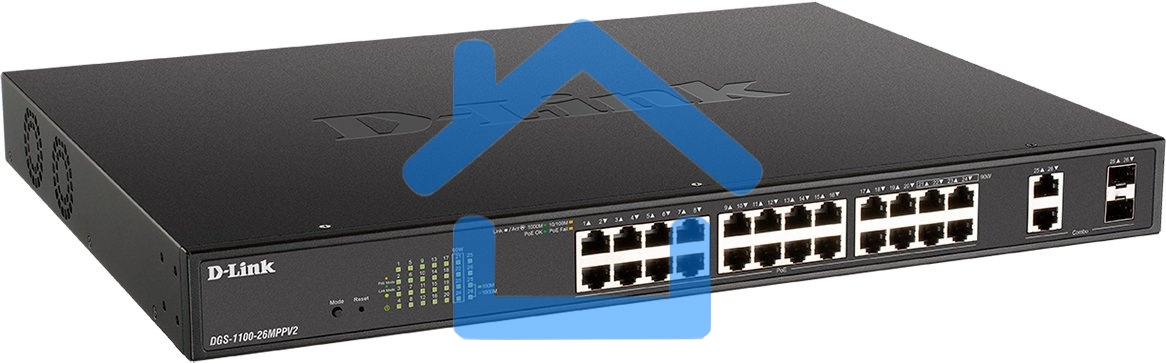 Настраиваемый L2 коммутатор D-Link DGS-1100-26MPPV2/A3A с 24 портами 10/100/1000Base-T и 2 комбо-портами 1000Base-T/SFP (порты 1-24 PoE 802.3af/at, порты 21-24 PoE 802.3bt, PoE-бюджет 525 Вт)