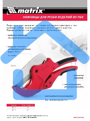 Ножницы Matrix для резки изделий из ПВХ, D до 63 мм, лезвие из нерж. стали, автоматич.