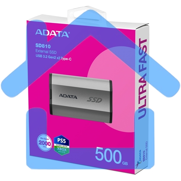Внешний накопитель SSD   A-DATA SD810, External, USB 3.2 Type-C, 500Gb [R/W -2000/2000 MB/s] серый