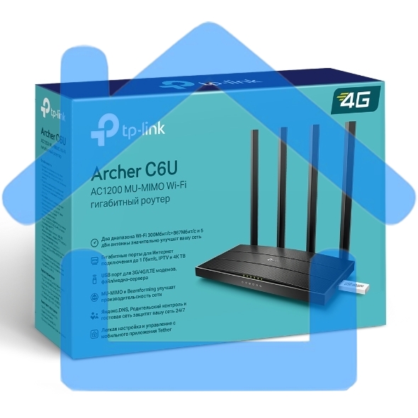 Роутер беспроводной TP-Link Archer C6U AC1200 10/100/1000BASE-TX/4G ready черный
