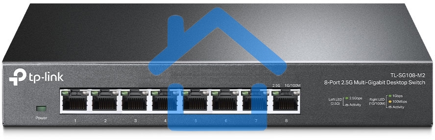 Коммутатор TP-Link 8-port Desktop 2.5G Unmanaged switch, 8 100/1G/2.5G RJ-45 ports, Fanless design, 12V/1.5A DC power supply.