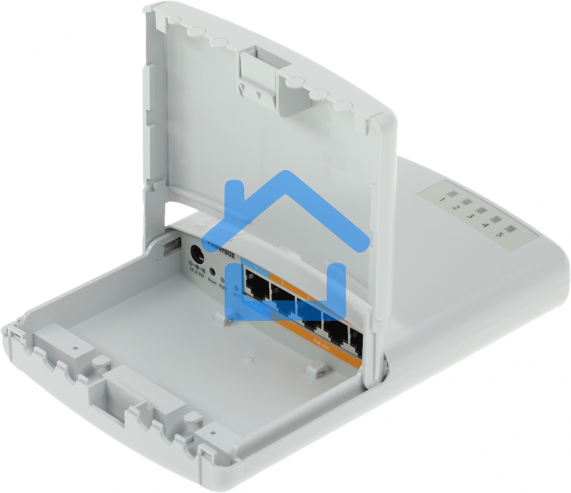 Маршрутизатор MikroTik RB750P-PBr2 PowerBox with 650MHz CPU, 64MB RAM, 5xLAN (four with PoE out), RouterOS L4, outdoor case, PSU, PoE, mounting set