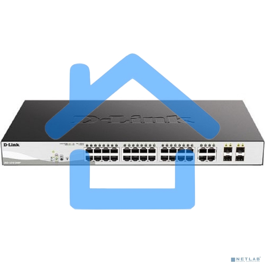 Настраиваемый L2 коммутатор D-Link DGS-1210-28MP/F4A с 24 портами 10/100/1000Base-T и 4 комбо-портами 100/1000Base-T/SFP (24 порта PoE 802.3af/at, PoE-бюджет 370 Вт)