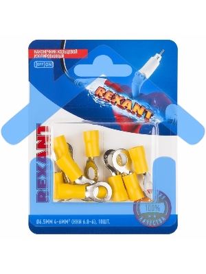 Наконечник кольцевой Rexant изолированный, ø6.5мм, 4-6мм², НКи 6.0-6 / НКи5,5-6 / RV5.5-6, желтый, в упак. 10 шт.