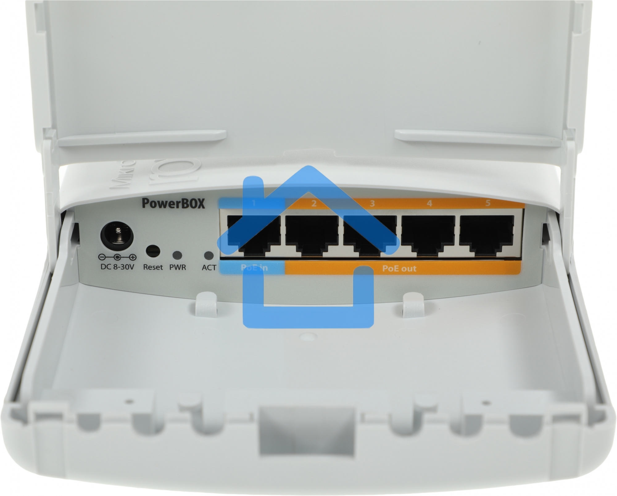 Маршрутизатор MikroTik RB750P-PBr2 PowerBox with 650MHz CPU, 64MB RAM, 5xLAN (four with PoE out), RouterOS L4, outdoor case, PSU, PoE, mounting set
