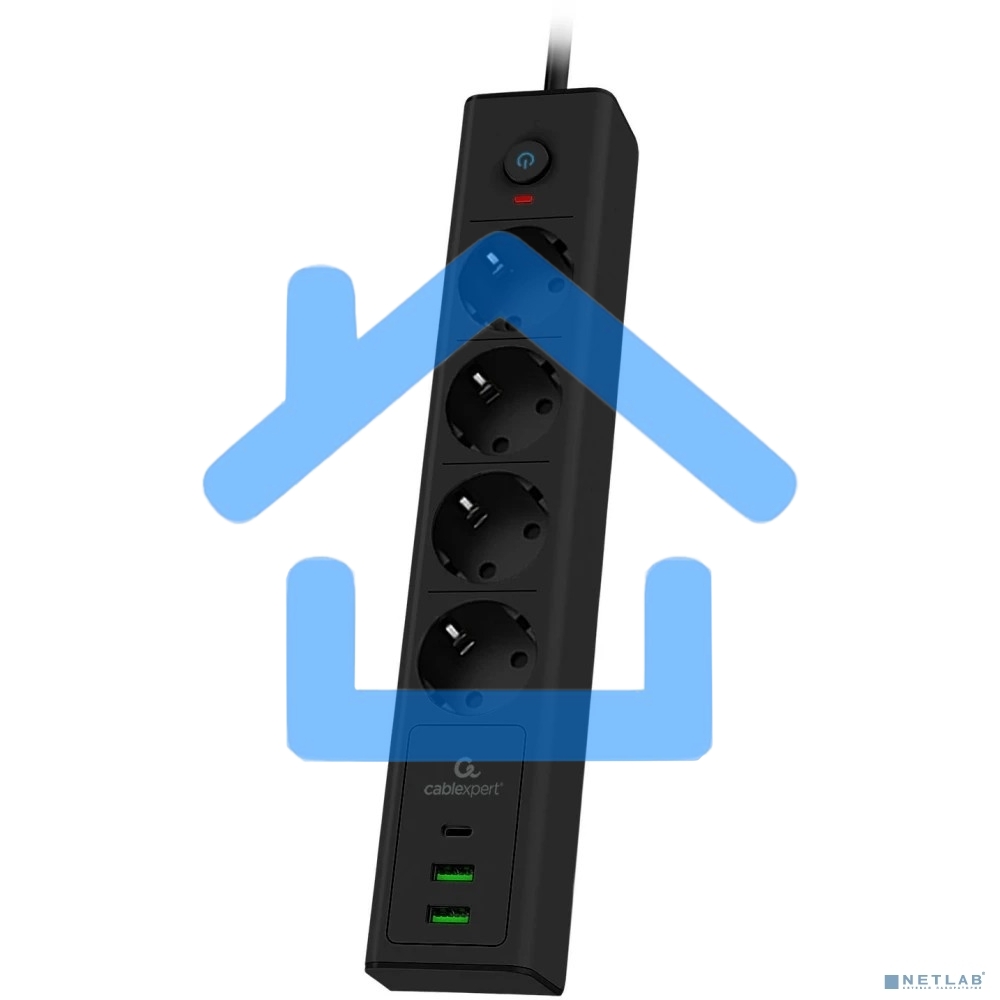 Сетевой фильтр Cablexpert Exnovo, EXN-4-CU2-B-2, 4р,16А, 1xType-C PD, 30Вт, 2хUSB, 2м, ур.защиты 4+, черный, коробка
