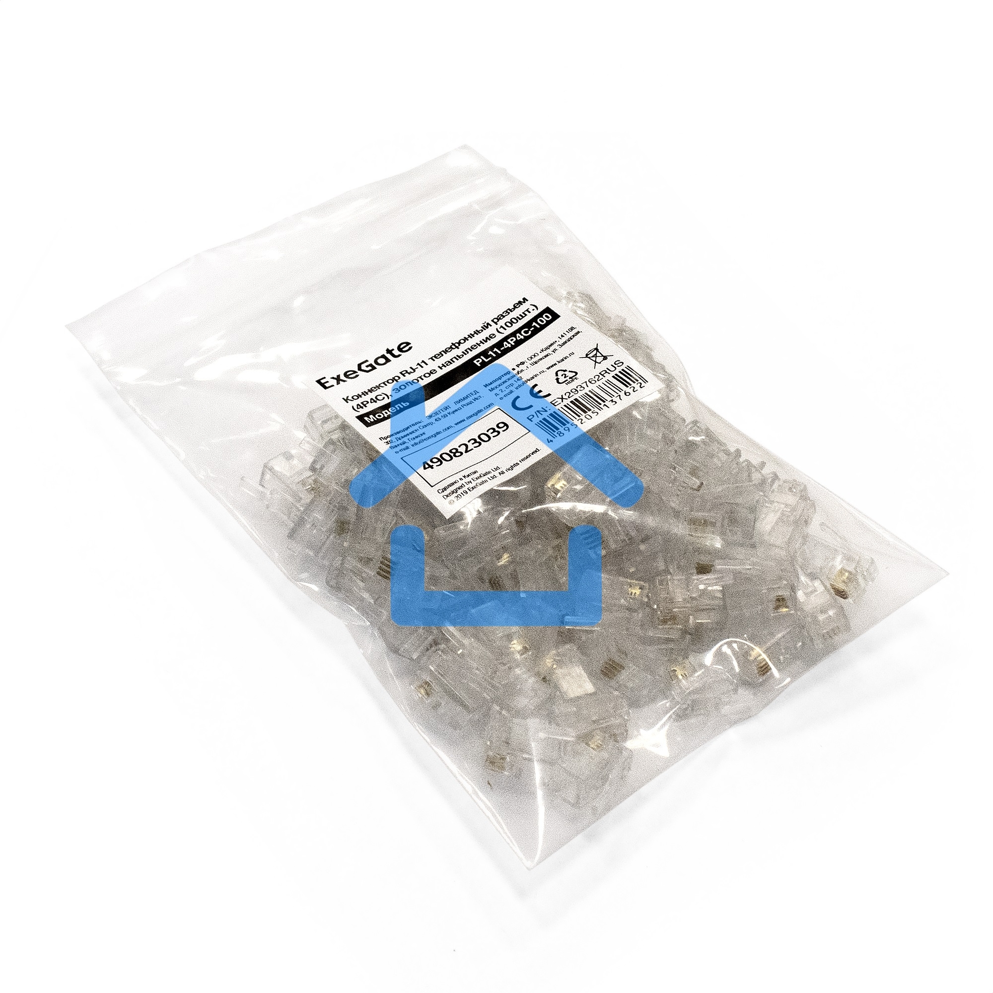 Коннектор ExeGate PL11-4P4C-100 RJ-11 телефонный разъем (4P4C), золотое напыление (100шт)